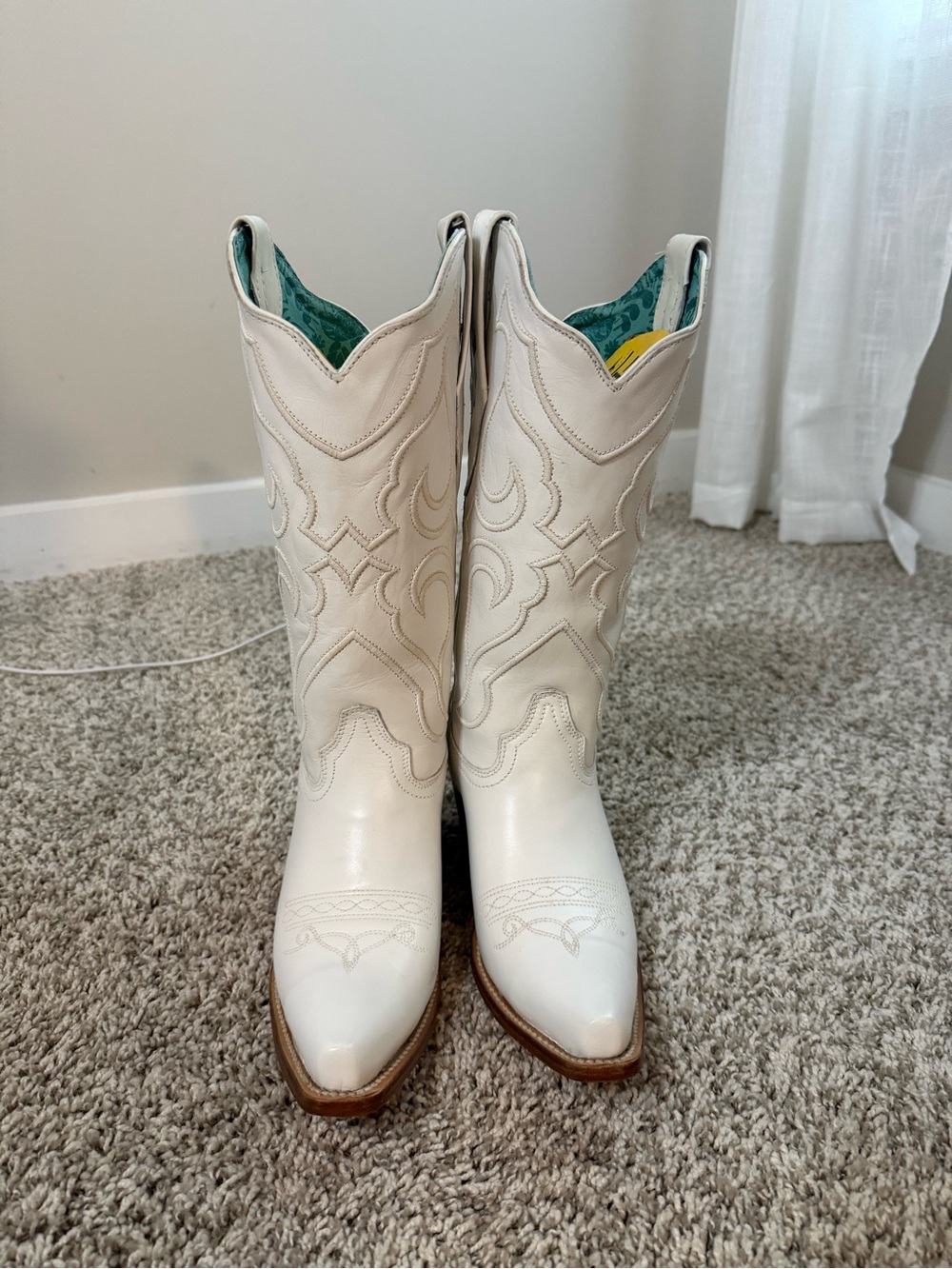 Corral White Western Embroidered Leather Heeled Boots with Teal Lining